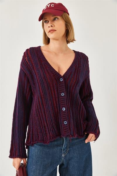 Links Örgü Salaş Triko Hırka 20246315 - Lacivert-Bordo