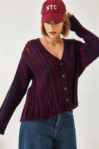 Links Örgü Salaş Triko Hırka 20246315 - Lacivert-Bordo