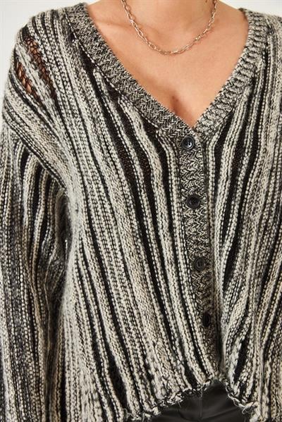 Links Örgü Salaş Triko Hırka 20246315 - Ekru-Siyah