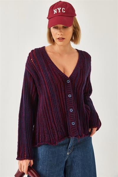 Links Örgü Salaş Triko Hırka 20246315 - Lacivert-Bordo