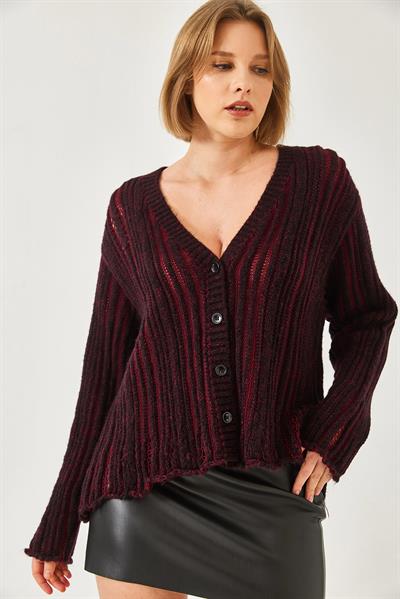 Links Örgü Salaş Triko Hırka 20246315 - Siyah-Bordo