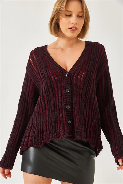 Links Örgü Salaş Triko Hırka 20246315 - Siyah-Bordo