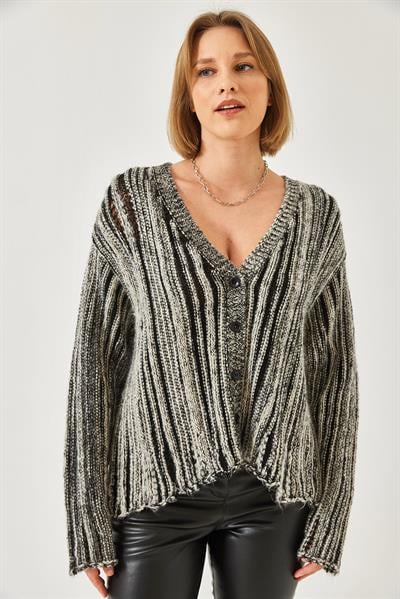 Links Örgü Salaş Triko Hırka 20246315 - Ekru-Siyah