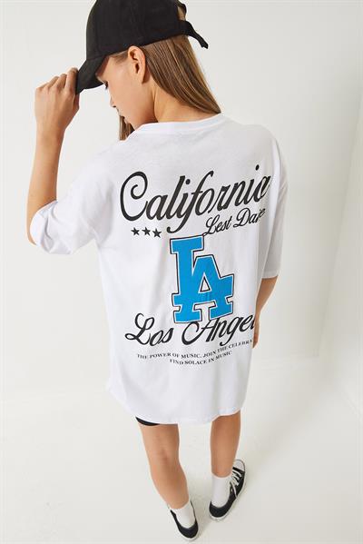 Kadın Los Angeles Baskılı Oversize Kısa Kollu Penye T-Shirt 5197 60283079 - Beyaz