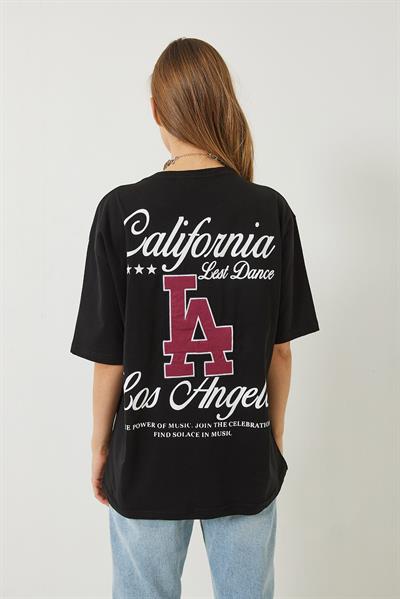 Kadın Los Angeles Baskılı Oversize Kısa Kollu Penye T-Shirt 5197 60283079 - Siyah