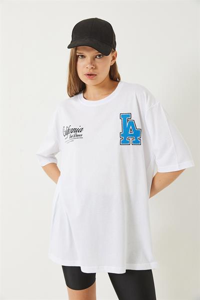 Kadın Los Angeles Baskılı Oversize Kısa Kollu Penye T-Shirt 5197 60283079 - Beyaz