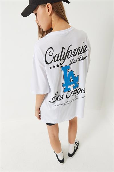 Kadın Los Angeles Baskılı Oversize Kısa Kollu Penye T-Shirt 5197 60283079 - Beyaz