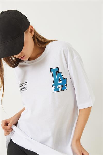 Kadın Los Angeles Baskılı Oversize Kısa Kollu Penye T-Shirt 5197 60283079 - Beyaz
