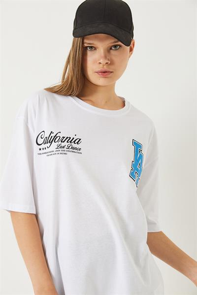 Kadın Los Angeles Baskılı Oversize Kısa Kollu Penye T-Shirt 5197 60283079 - Beyaz