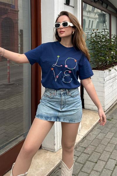Kadın Love Nakış İşlemeli Penye Tshirt 60211004 - Mavi