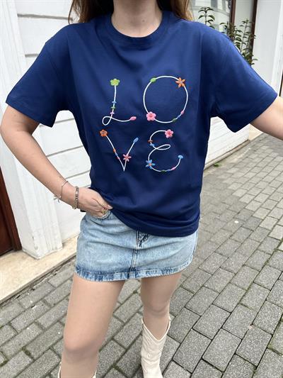 Kadın Love Nakış İşlemeli Penye Tshirt 60211004 - Mavi