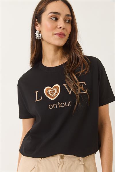 Kadın Love Nakışlı Kalp Detaylı Bisiklet Yaka Kısa Kollu T-Shirt 60602025 - Siyah