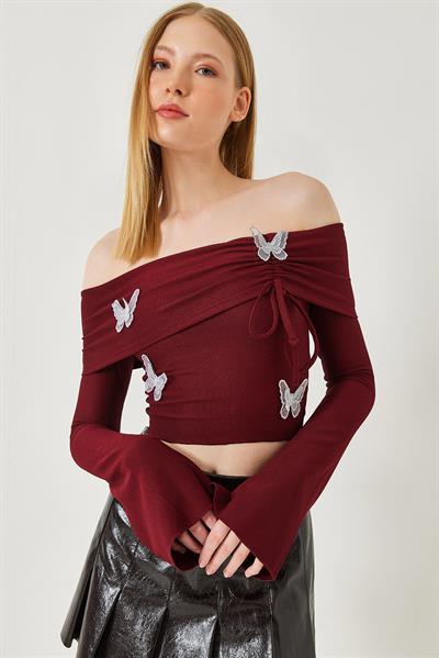 Kadın Madonna Yaka Kelebek Detaylı Bluz 7196 60261280 - Bordo
