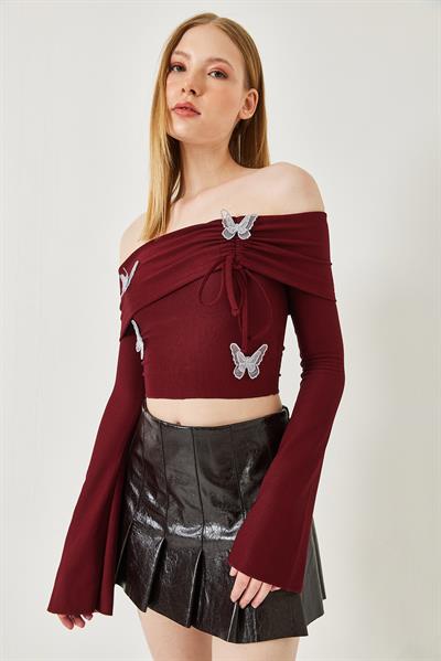 Kadın Madonna Yaka Kelebek Detaylı Bluz 7196 60261280 - Bordo