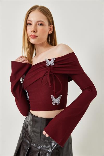 Kadın Madonna Yaka Kelebek Detaylı Bluz 7196 60261280 - Bordo