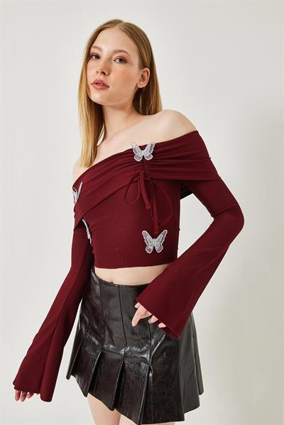 Kadın Madonna Yaka Kelebek Detaylı Bluz 7196 60261280 - Bordo