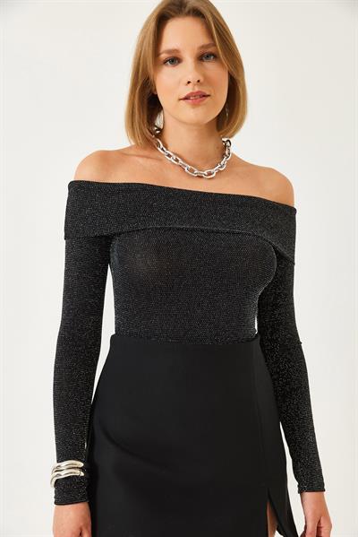 Kadın Madonna Yaka Simli Bluz 60261137 - Siyah