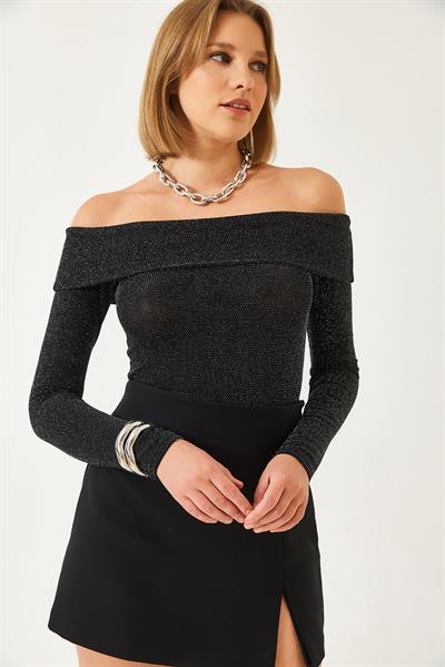 Kadın Madonna Yaka Simli Bluz 60261137 - Siyah