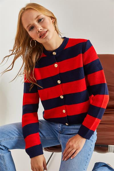 Metal Düğmeli Kalın Çizgili Triko Hırka - Lacivert-Kırmızı