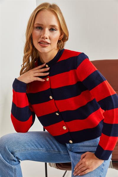 Metal Düğmeli Kalın Çizgili Triko Hırka - Lacivert-Kırmızı