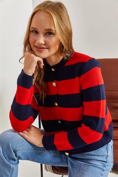 Metal Düğmeli Kalın Çizgili Triko Hırka - Lacivert-Kırmızı