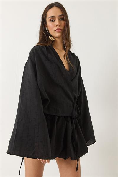 Kadın Mini Balon Etekli Bağlama Detaylı Kimono Alt-Üst Takım 60434 60283137 - Siyah
