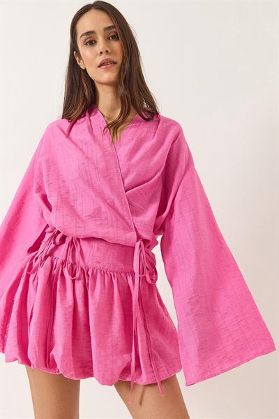 Kadın Mini Balon Etekli Bağlama Detaylı Kimono Alt-Üst Takım 60434 60283137 - Şeker Pembe