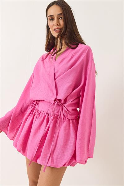 Kadın Mini Balon Etekli Bağlama Detaylı Kimono Alt-Üst Takım 60434 60283137 - Şeker Pembe