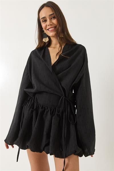 Kadın Mini Balon Etekli Bağlama Detaylı Kimono Alt-Üst Takım 60434 60283137 - Siyah