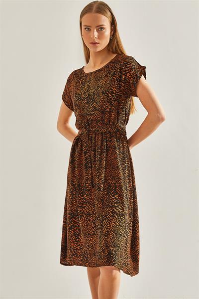 Kadın Multi Desenli Beli Lastikli Elbise 60101047 - Siyah-Camel
