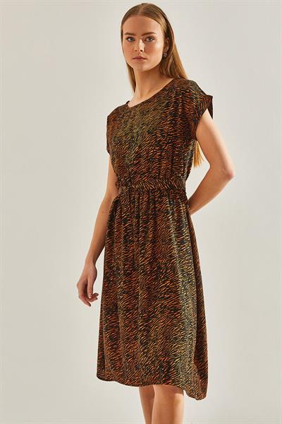 Kadın Multi Desenli Beli Lastikli Elbise 60101047 - Siyah-Camel
