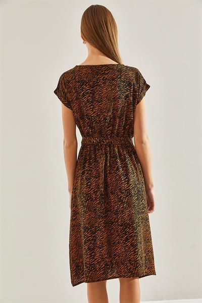 Kadın Multi Desenli Beli Lastikli Elbise 60101047 - Siyah-Camel