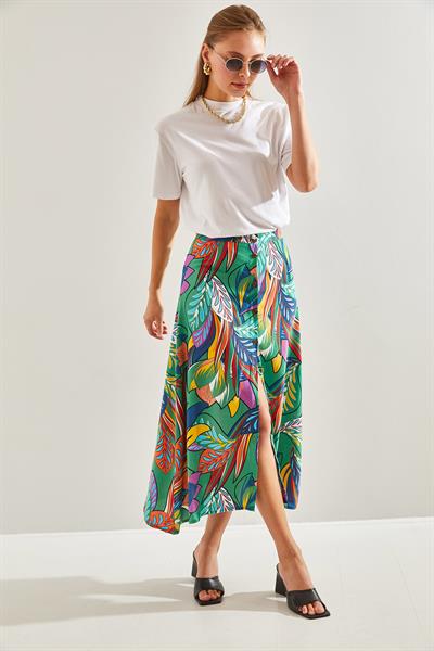 Kadın Multi Desenli Düğmeli Viskon Etek 60131018 - Yeşil