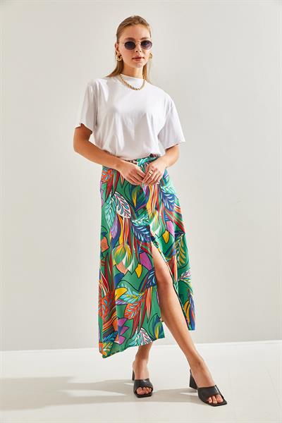 Kadın Multi Desenli Düğmeli Viskon Etek 60131018 - Yeşil