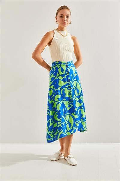 Kadın Multi Desenli Düğmeli Viskon Etek 60131017 - Lacivert-Yeşil