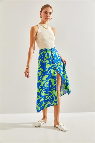 Kadın Multi Desenli Düğmeli Viskon Etek 60131017 - Lacivert-Yeşil