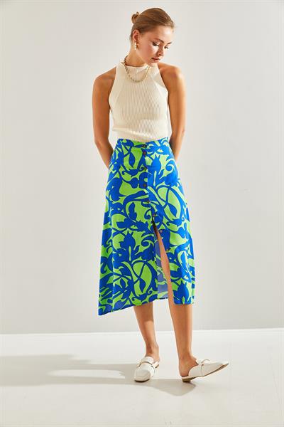 Kadın Multi Desenli Düğmeli Viskon Etek 60131017 - Lacivert-Yeşil