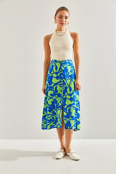 Kadın Multi Desenli Düğmeli Viskon Etek 60131017 - Lacivert-Yeşil