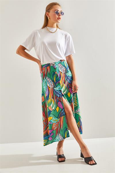 Kadın Multi Desenli Düğmeli Viskon Etek 60131018 - Yeşil