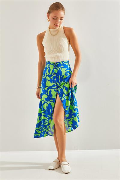 Kadın Multi Desenli Düğmeli Viskon Etek 60131017 - Lacivert-Yeşil