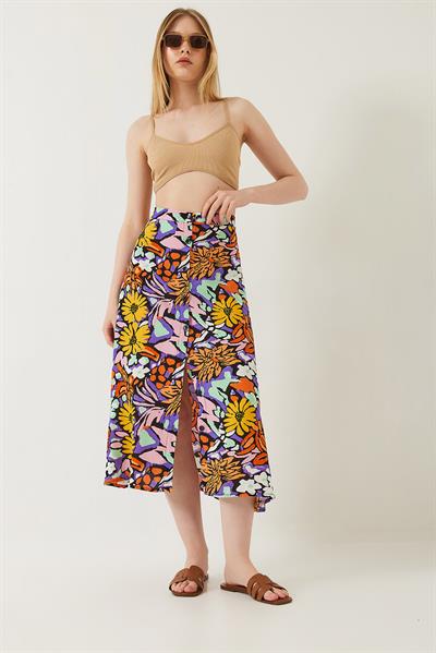 Kadın Multi Desenli Önü Düğmeli Viskon Etek 60261351 - Çok Renkli