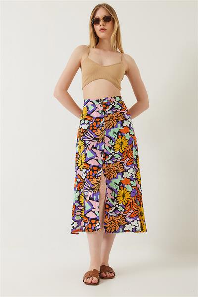 Kadın Multi Desenli Önü Düğmeli Viskon Etek 60261351 - Çok Renkli