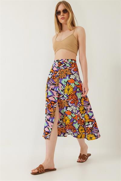 Kadın Multi Desenli Önü Düğmeli Viskon Etek 60261351 - Çok Renkli