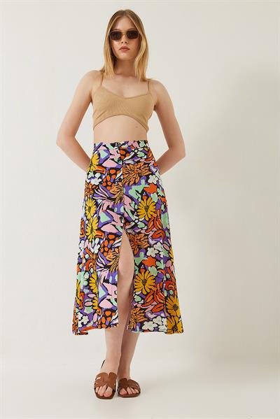 Kadın Multi Desenli Önü Düğmeli Viskon Etek 60261351 - Çok Renkli