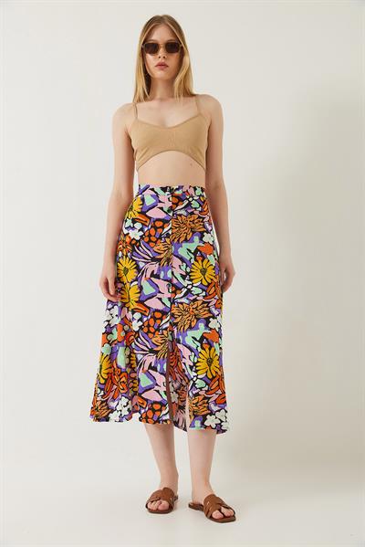 Kadın Multi Desenli Önü Düğmeli Viskon Etek 60261351 - Çok Renkli
