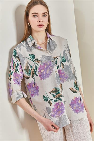 Kadın Multi Desenli Oversize Gömlek 40501010 - Lila