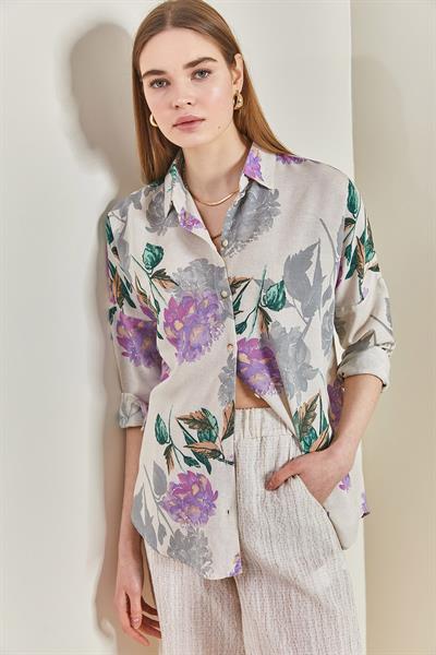 Kadın Multi Desenli Oversize Gömlek 40501010 - Lila