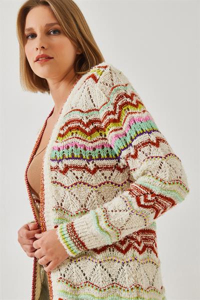 Multi Desenli Uzun Triko Hırka 20246246 - Ekru