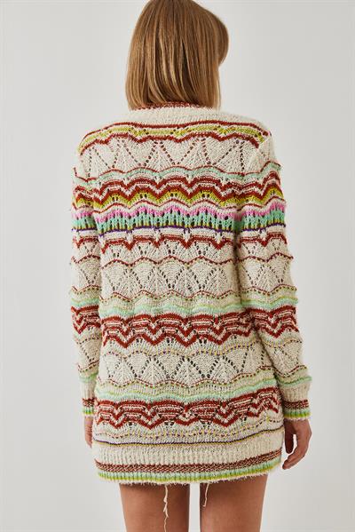 Multi Desenli Uzun Triko Hırka 20246246 - Ekru