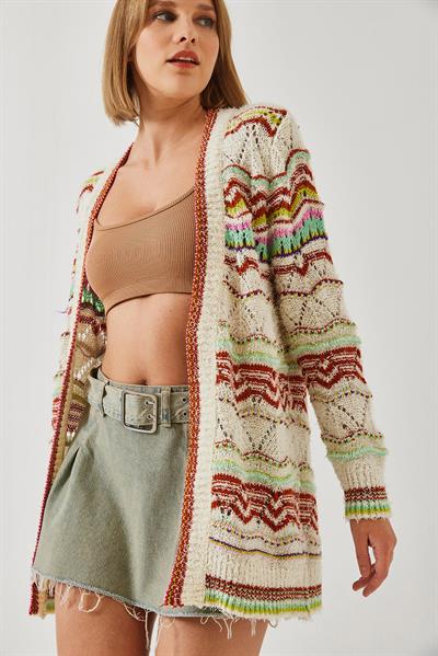 Multi Desenli Uzun Triko Hırka 20246246 - Ekru